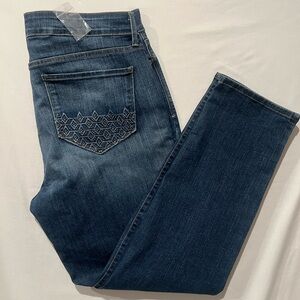 NYDJ Dark Blue Faded Distressed Denim Sheri Slim LiftxTuck Technology Jeans 14W